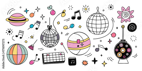 Whimsical hand drawn festival elements featuring disco balls music notes and colorful spheres
