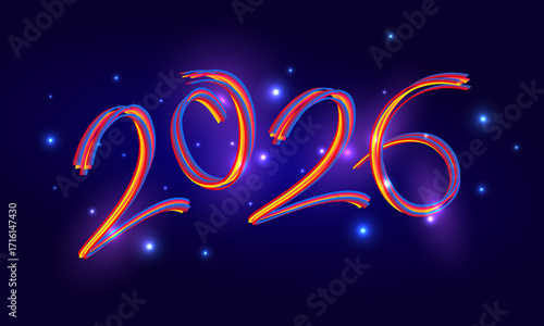 2026 Text Design. Vector 2026 neon Illustration Design Element for New Year 2026 Social Media Post, Greeting Card, Banner, Poster, Retro Text Effect, vintage style of eighties, cyberpunk style
