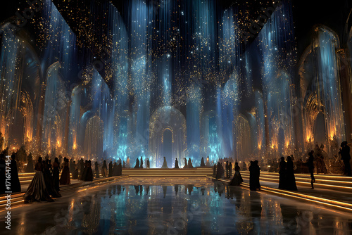 Golden stage under sparkling blue lights a magical awards ceremony