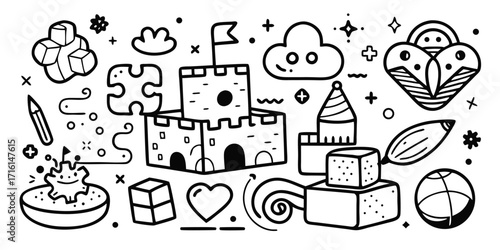 Whimsical hand-drawn festival elements featuring castle frog clouds and toys for creative projects