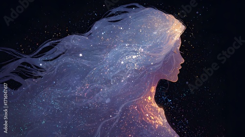 Radiant celestial queen with universe-filled glowing hair, surrounded by stars in the void