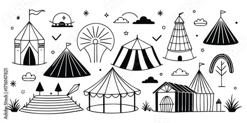 Collection of hand-drawn carnival and festival tents featuring various designs and elements