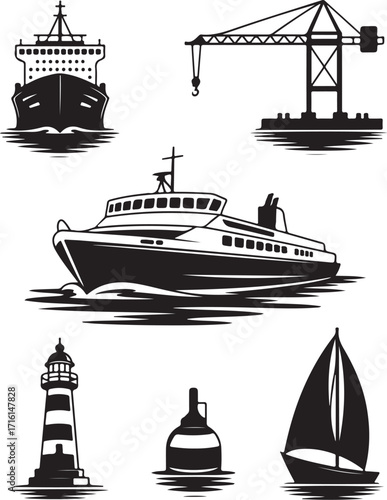 Maritime icons ships crane lighthouse buoy sailboat set