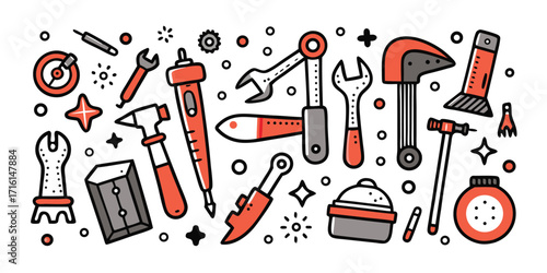 Doodle style collection of various hand tools and mechanical repair items for diy projects