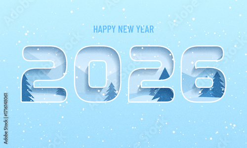 2026 Text Design. Vector 2026 Typography Illustration Design Element for New Year 2026 Social Media Post, Greeting Card, Banner, Poster, vintage grainy style. Paper cut winter landscape poster