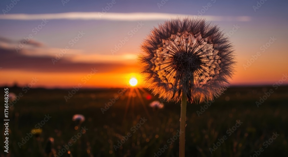 Fototapeta premium Dandelion Seed Head Silhouetted Against a Vibrant Sunset Sky in a Field