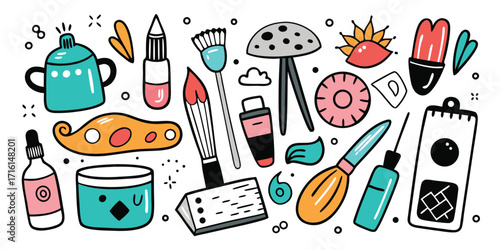 Art supply collection with brushes paint palette and various creative tools