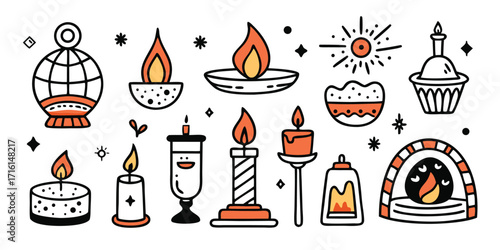 Whimsical collection of festive lights candles lanterns and hearth fire elements