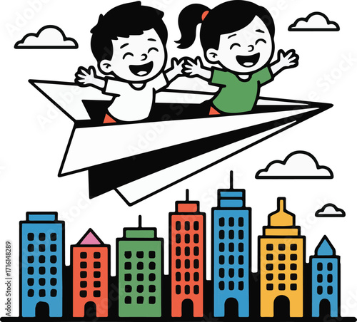 Kids Flying Paper Plane Over City