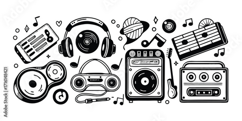 Drawn collection of retro music devices headphones boombox speakers guitar and notes