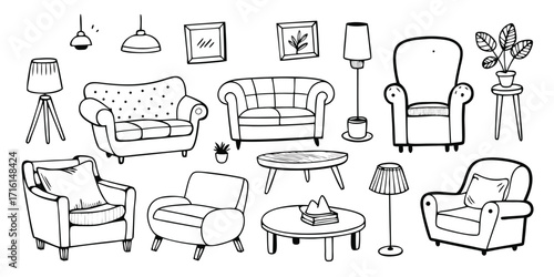 Collection of hand-drawn furniture items including sofas chairs tables and lamps for interior design concepts
