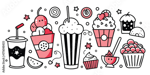 Delightful collection of desserts and drinks hand-drawn style art for festive occasions