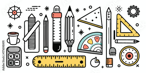 Collection of hand-drawn school supplies and tools for creative projects and learning