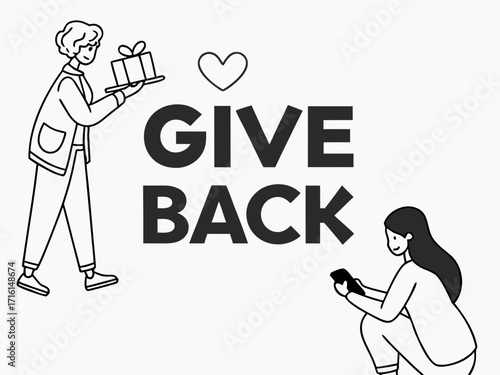 Give Back Illustration with People and Heart Symbol in Black and White