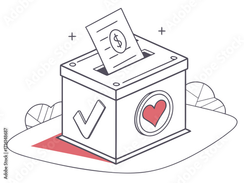 Donation Box with Money Heart and Checkmark for Charitable Giving