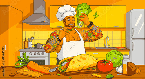 Chef Preparing a Delicious Veggie Burrito in a Vibrant Kitchen
