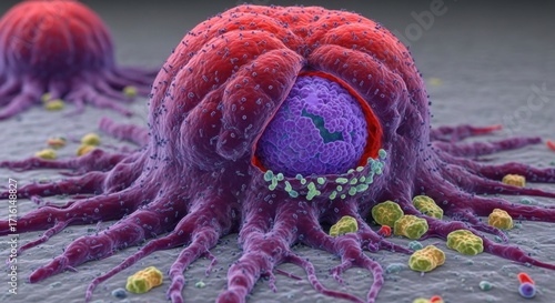 Microscopic view of a cancerous cell undergoing division and spreading to nearby tissues