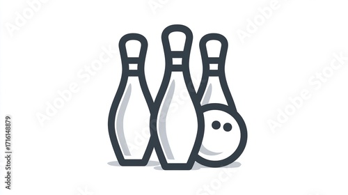 Simple line art illustration of three bowling pins and a ball, rendered in grayscale with subtle shading, suggesting a game or sport