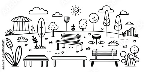 Whimsical park scene with benches gazebo trees clouds sun and flowers hand drawn sketch