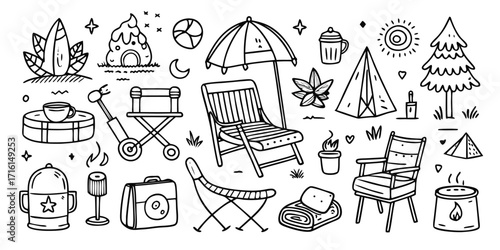 Outdoor camping and festival gear sketch collection featuring tents chairs and accessories