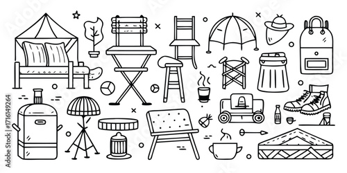 Camping and outdoor festival gear collection fun outline graphics tent chairs umbrella backpack