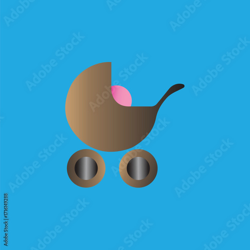 baby boy in stroller, Minimalist Baby Stroller Icon with Pink Accent on Blue Background, baby stroller carriage, pram buggy, newborn infant, child kid family, motherhood fatherhood parent,