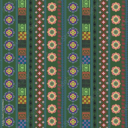 Seamless floral geometric pattern with colorful ethnic motif and traditional textile style for vibrant decorative design