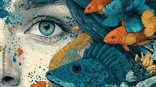 Surreal fusion of human face, fish, and flora creates an aquatic dream