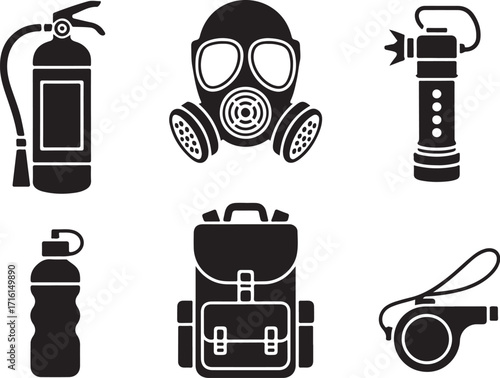 Essential survival gear icons for safety and preparedness