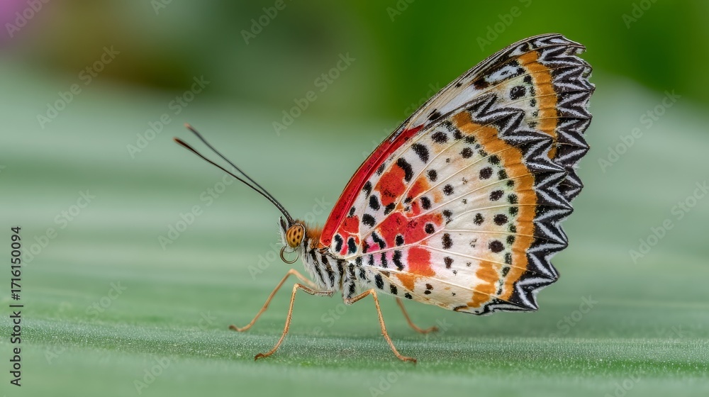 Obraz premium Vibrant Leopard Lacewing butterfly resting upside down on fresh green leaf with soft blurred background, showcasing delicate wings, natural wildlife, tropical insect and peaceful garden scene