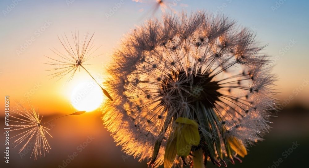 Obraz premium Golden Hour Sunlight Illuminates Dandelion Seeds Floating Free in the Gentle Breeze
