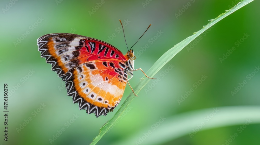 Obraz premium Vibrant Leopard Lacewing butterfly resting upside down on fresh green leaf with soft blurred background, showcasing delicate wings, natural wildlife, tropical insect and peaceful garden scene