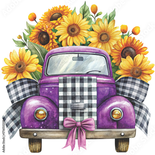 A vintage pickup truck viewed from the back filled with bright sunflowers clipart watercolor 