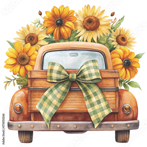 A vintage pickup truck viewed from the back filled with bright sunflowers clipart watercolor 