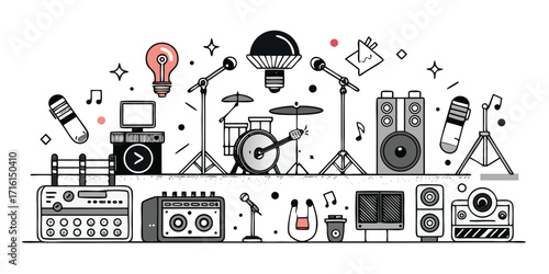 Creative collage of musical instruments and audio equipment for performance and recording