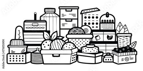 Hand-drawn assortment of market stalls and festival goods featuring fruits and jars