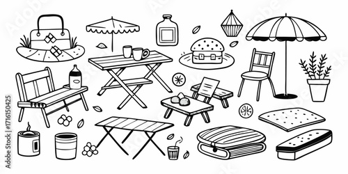 Hand drawn outdoor festival elements including chairs tables umbrellas food and picnic gear