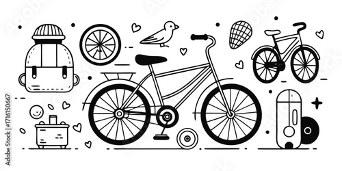 Whimsical hand drawn bicycle elements and travel gear for adventure