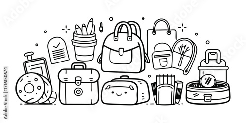 Doodle-style collection of bags and luggage perfect for travel and everyday use