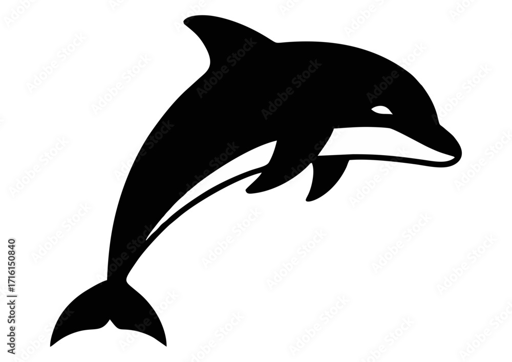 Fototapeta premium Cartoon dolphin character jumping joyfully out of the water on a white background with copy space