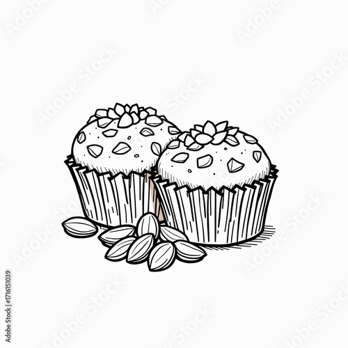 Cupcakes with cream topping and nuts placed on white background  