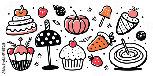 Whimsical dessert collection cute party treats cakes cupcakes ice cream and fruit art