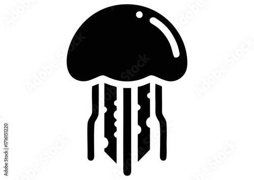 Cartoon jellyfish character with a playful expression and a tail on a white background with copy space