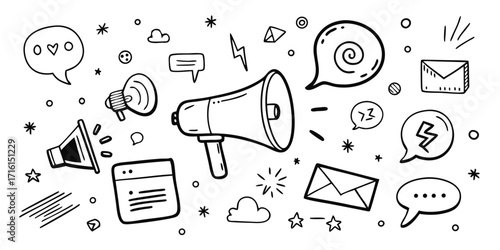 Doodle set of megaphone speech bubbles emails and social media icons for communication concepts
