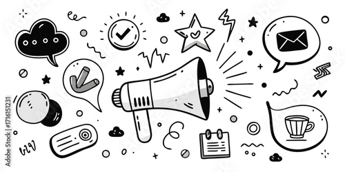Doodle style megaphone and communication icons for marketing and announcement concepts