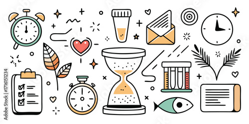 Doodle collage of time management icons including clocks stopwatches hourglasses and to-do lists