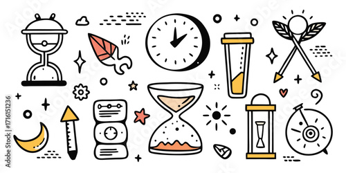 Doodle collection featuring clocks hourglasses lanterns arrows and rockets for time travel concepts