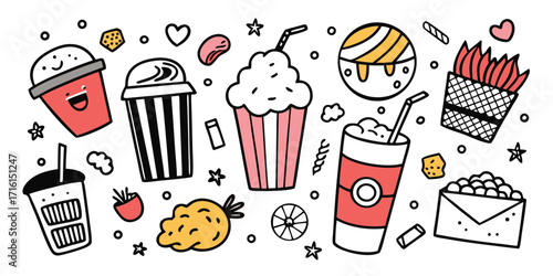 Hand drawn doodle collage of sweet treats and drinks for festive fun