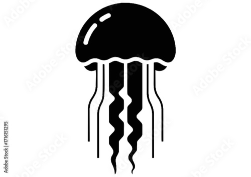 Cartoon jellyfish character with a playful expression and a tail on a white background with copy space
