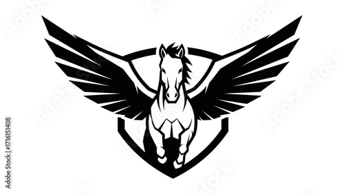 Powerful Flying Pegasus Winged Horse with Shield Mascot Logo Emblem Illustration